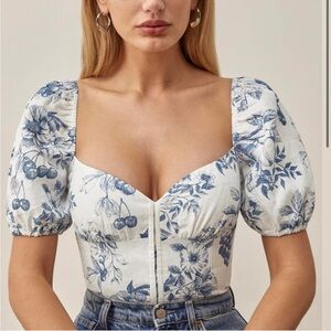 Reformation Womens Hook Front V Neck Floral Linen Crop Top